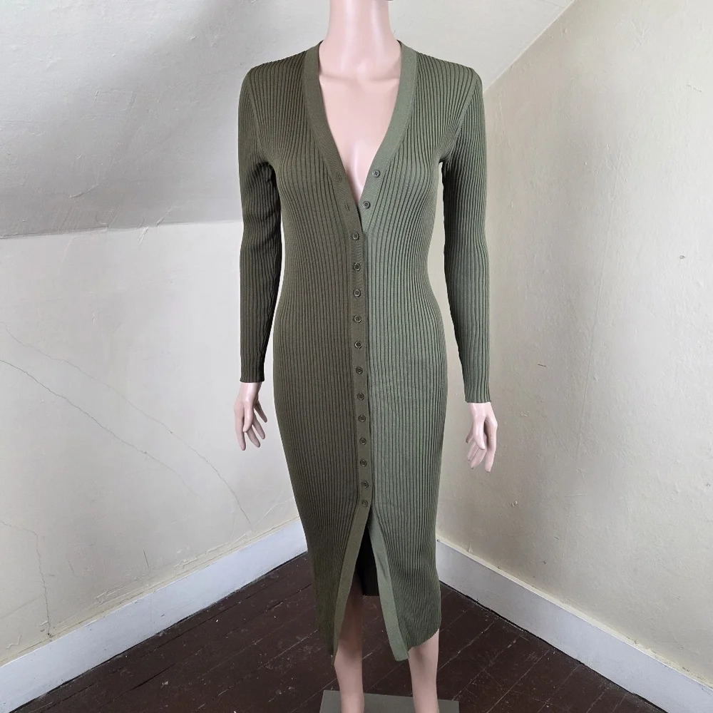 STAUD Ribbed Two Tone Green Midi Dress S Button Front Stretch Viscose Fitted - Picture 3 of 12